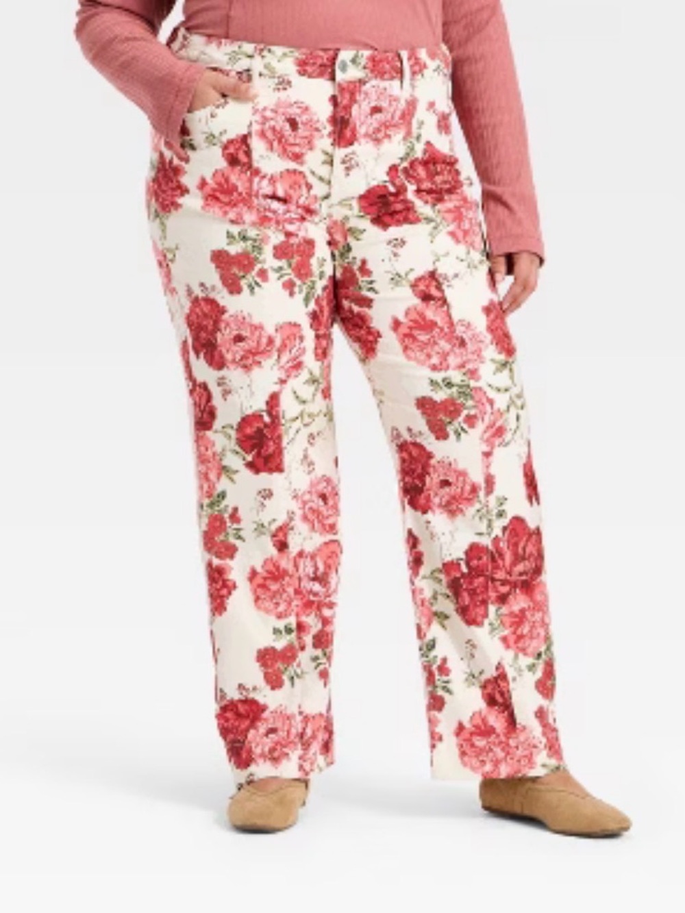 Ava & Viv Floral Wide-Leg Pants in Cream, Red and Pink NEW